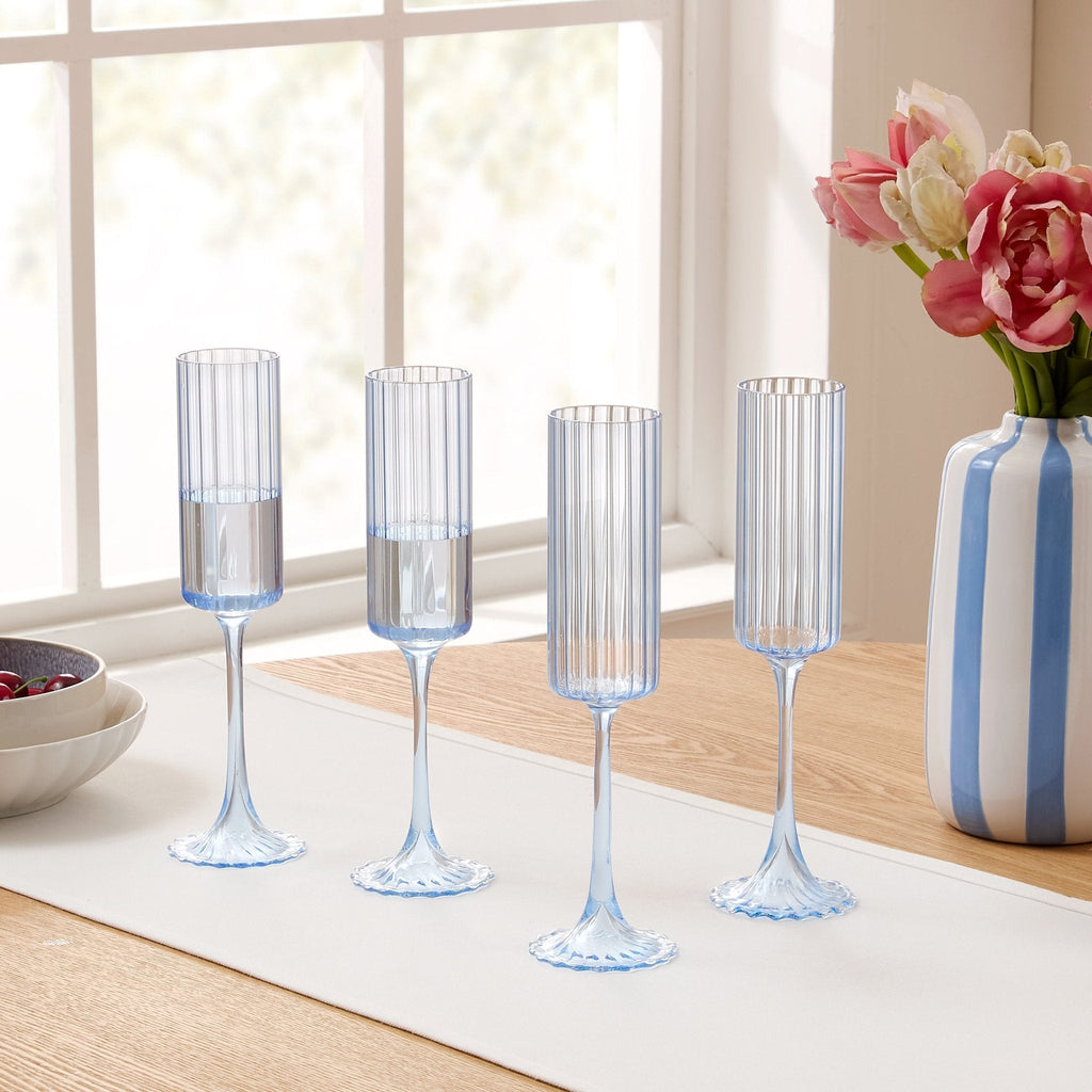 Lucinda Scalloped Edge Contrast Stem Glass Flutes - Set of 4 - Blue