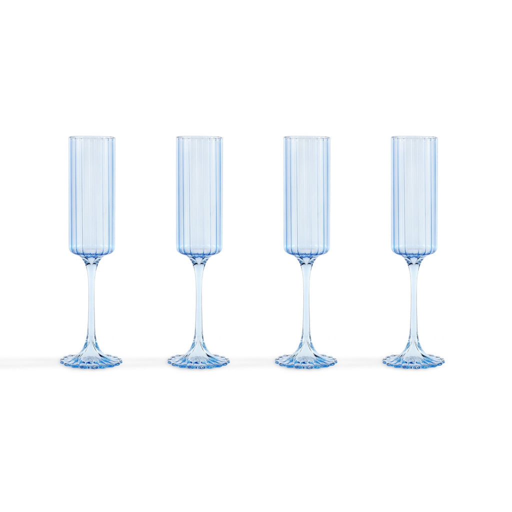 Lucinda Scalloped Edge Contrast Stem Glass Flutes - Set of 4 - Blue