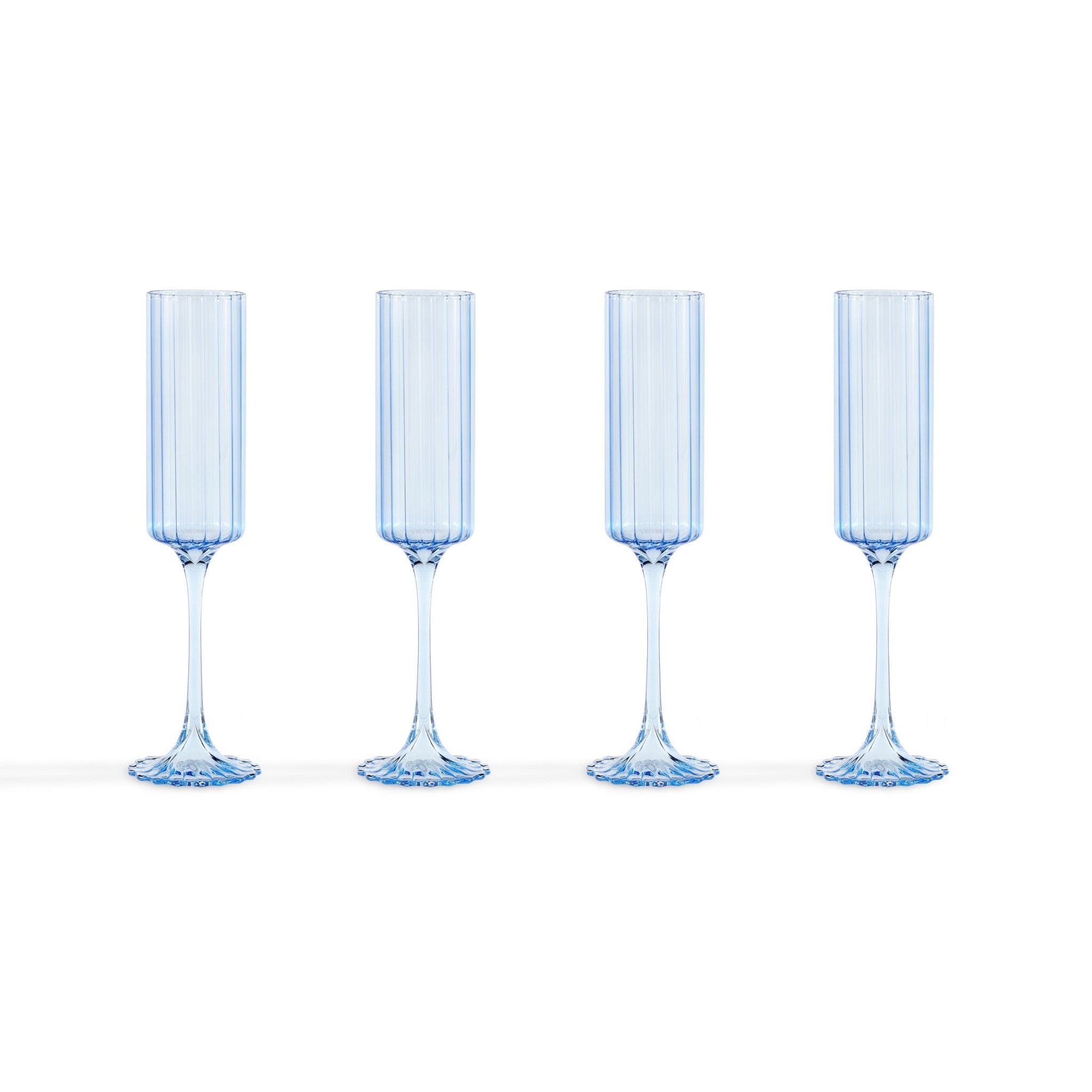 Lucinda Scalloped Edge Contrast Stem Glass Flutes - Set of 4 - Blue